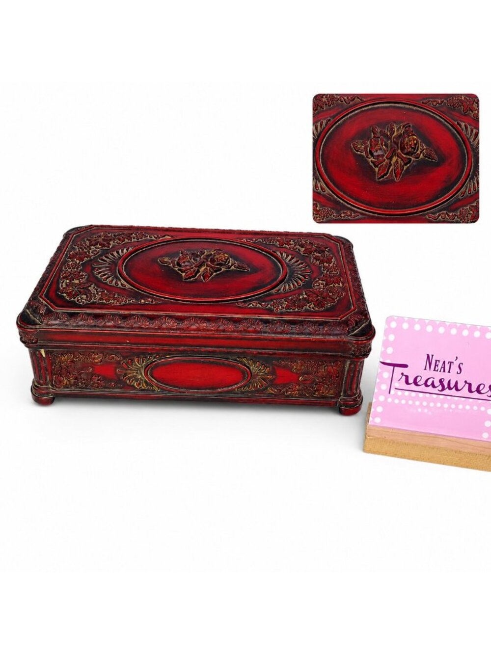 Vintage Faux Carved  Lined Hinged Lid Dresser 9"x5" Dresser Trinket Jewelry  Box